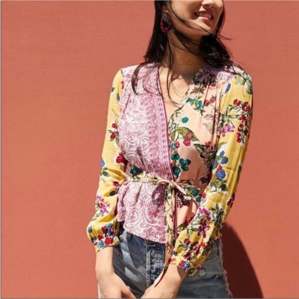 Anthropologie Wrap Blouse in Yellow and Red with 3/4 Sleeves